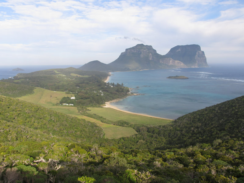 Lord Howe Island looking south from Malabar Hill over the lagoon and settlement area to Mt Gower and Mt Lidgbird.